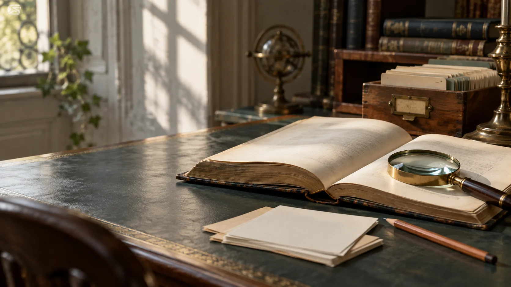 Livre ouvert, fiches documentaires et loupe sur une table de recherche